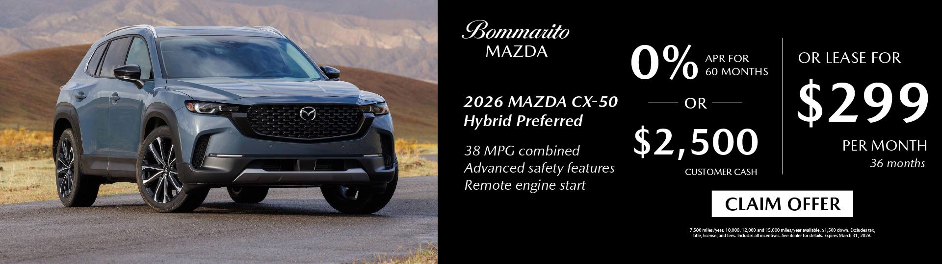 2026 Mazda CX-50 Lease $299 OR 0% APR