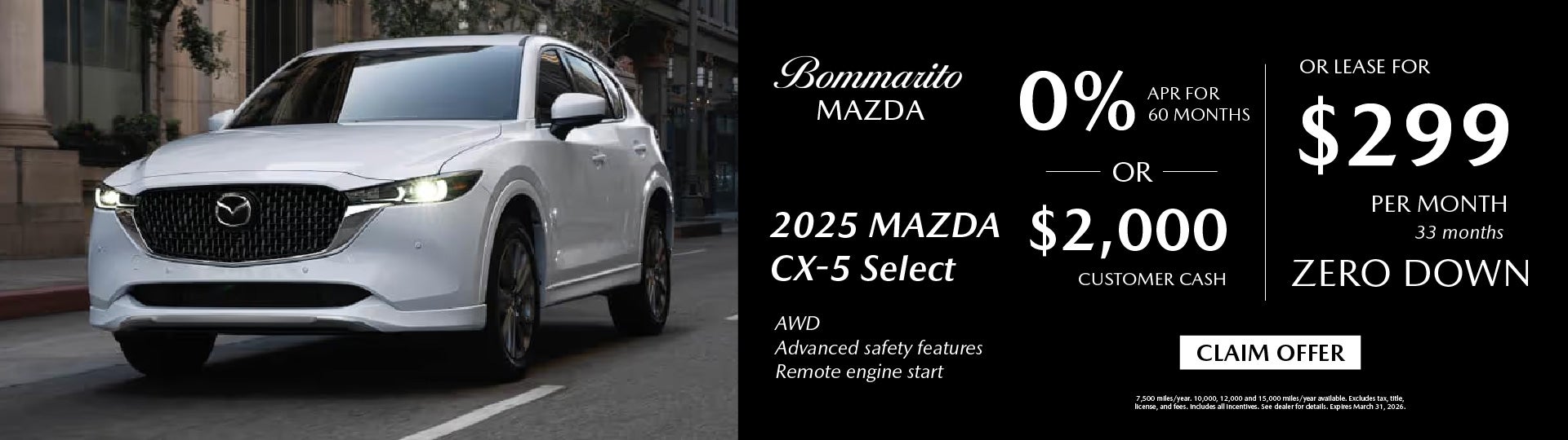 2025 Mazda CX-5 Select Lease $299 or 0% APR