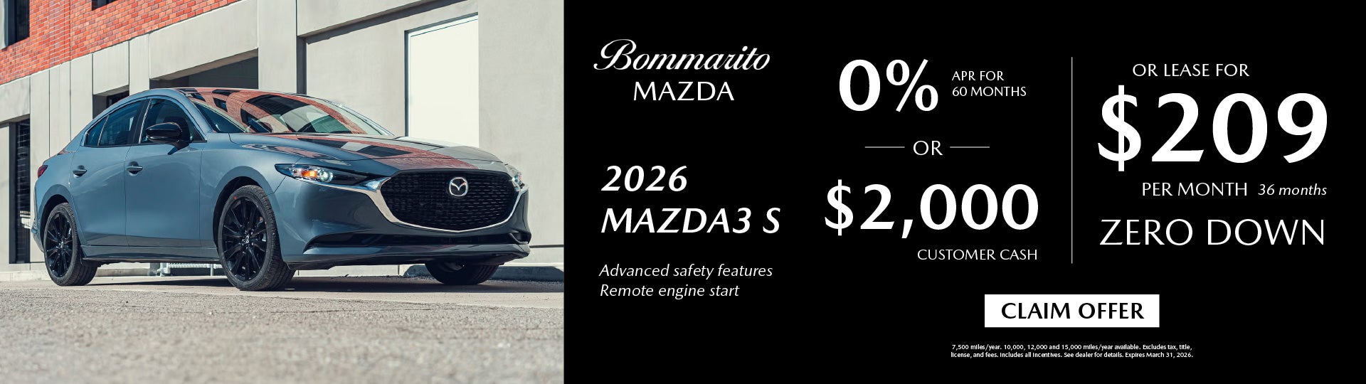 2026 Mazda3 S Lease $209 or 0% APR