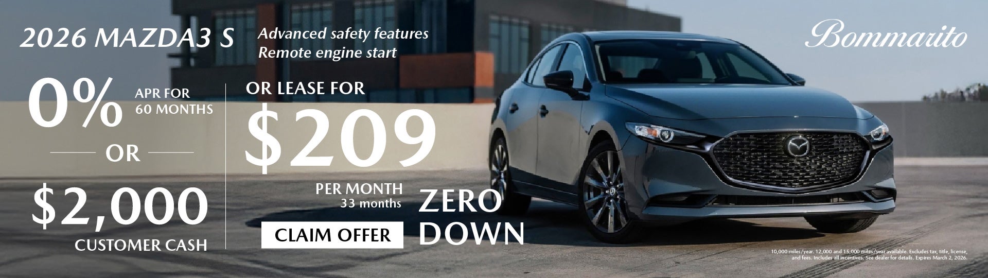 2026 Mazda3 S 0% APR or Lease $209 per month